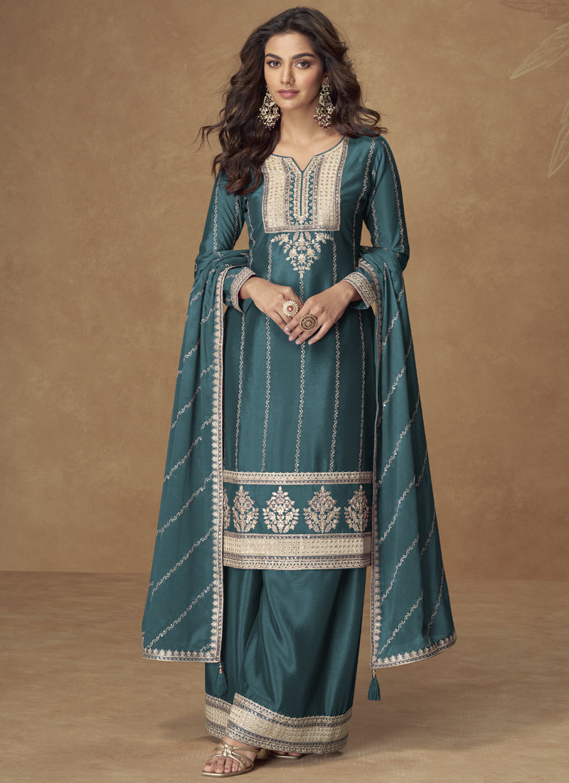 Teal Blue Chinon Silk designer palazzo suit with delicate embroidery