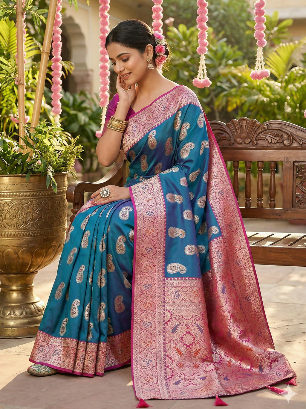 Sky Blue Silk Blend Saree with Matching Blouse Piece