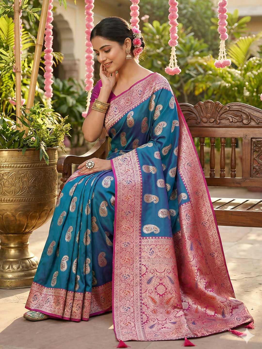 Sky Blue Silk Blend Saree with Matching Blouse Piece