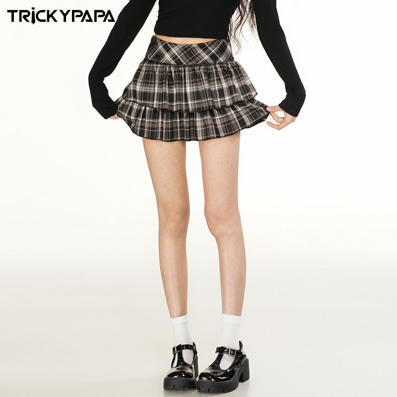 Women's Black Plaid Tiered Ruffle A-Line Mini Skirt - Image 2