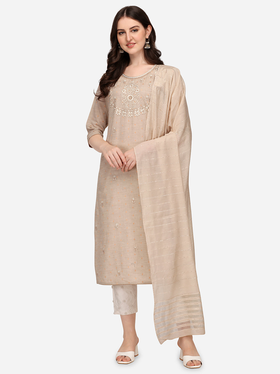 Multicolor embroidered kurta set with matching pants and dupatta in soft rayon fabric