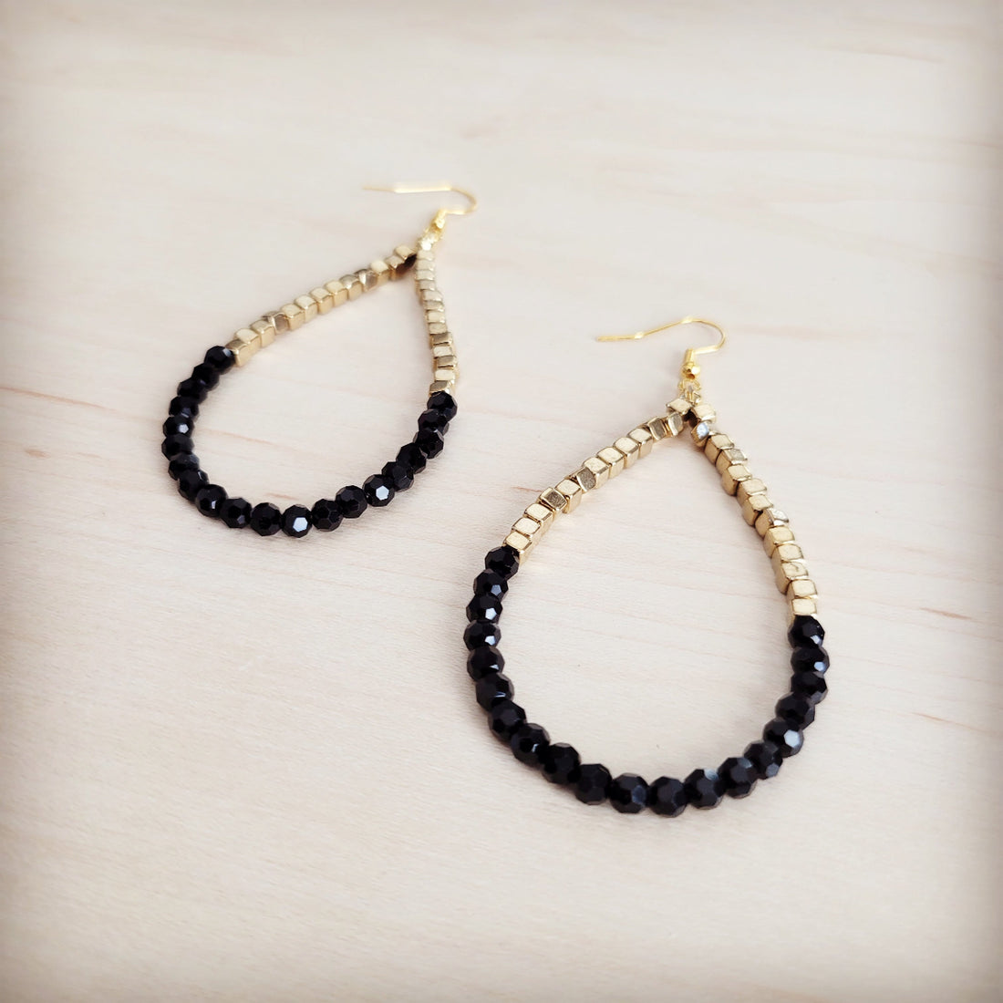 Black Onyx and Gold-Tone Beaded Teardrop Hoop Earrings