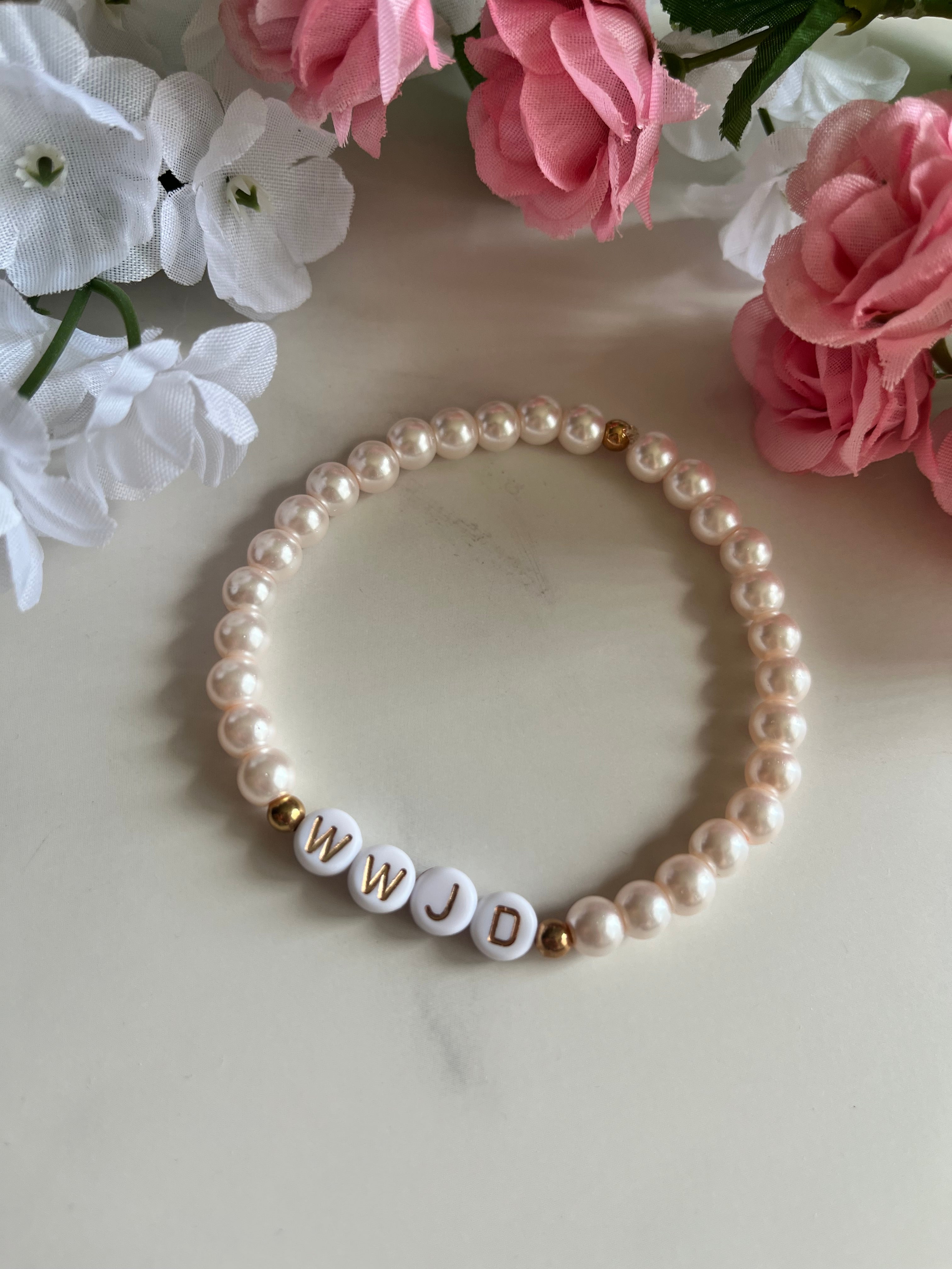 WWJD Faith Bead Bracelet Glass Pearl and Natural Stone