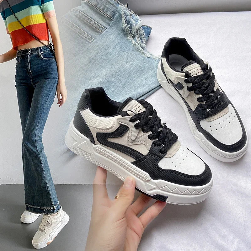 Women's Platform Casual Sneakers - Color Block Lace-Up Design