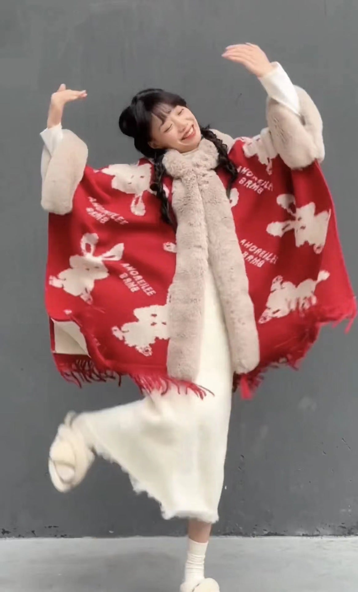 Women's Knitted Hooded Poncho with Fur Trim & Tassels for Winter