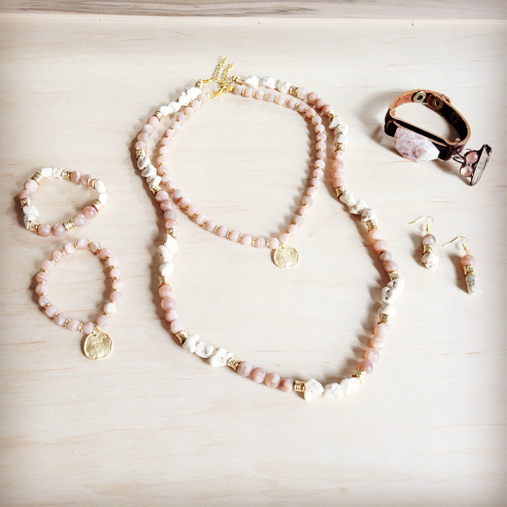 Frosted Sunstone Stretch Bracelet with Matte Gold Charm - Image 4