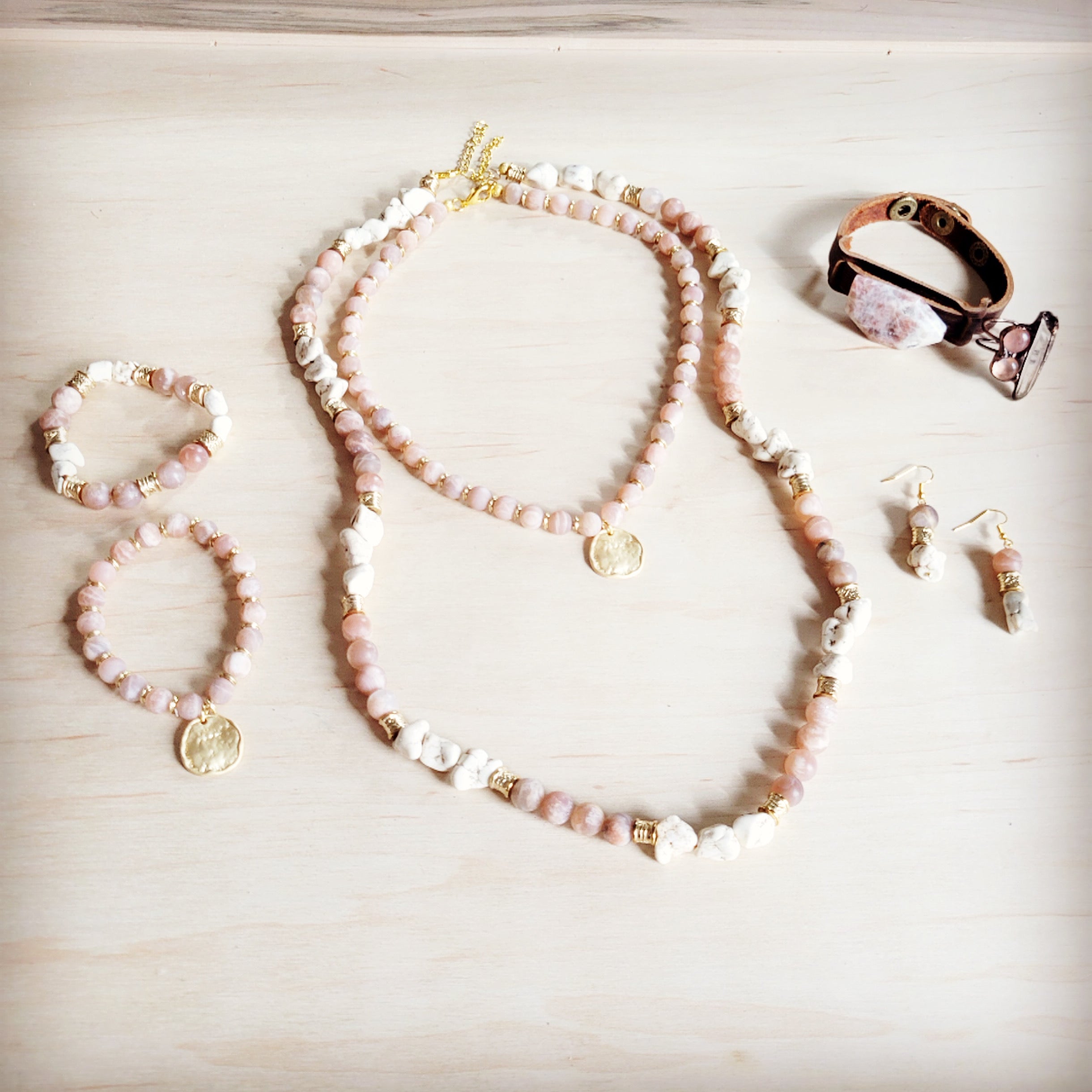 Frosted Sunstone and White Turquoise Boho Drop Earrings - Image 3
