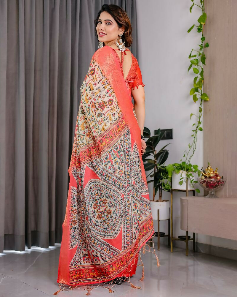 PR Fashion Cream Pure Handloom Linen Saree