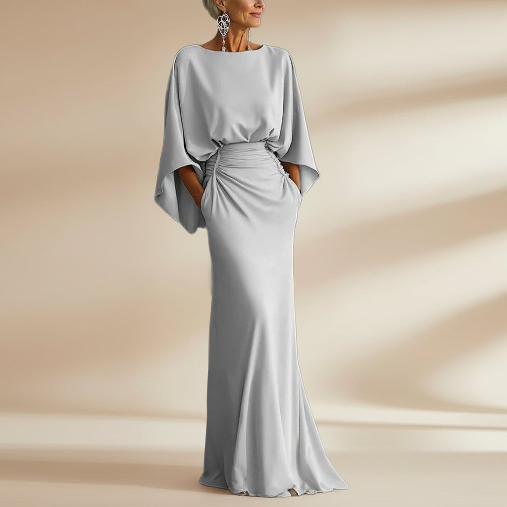 Backless Pleated Mermaid Maxi Dress - Silver Batwing Sleeve Gown