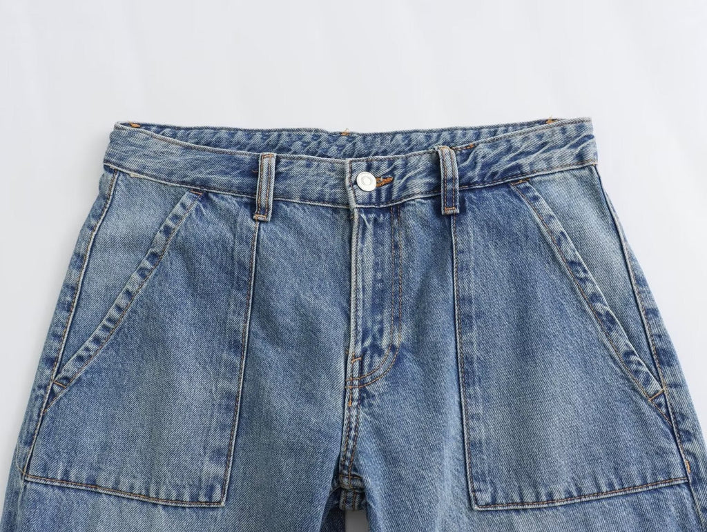 Y2K High Waist Wide Leg Denim Cargo Pants - Blue & Grey - Image 4