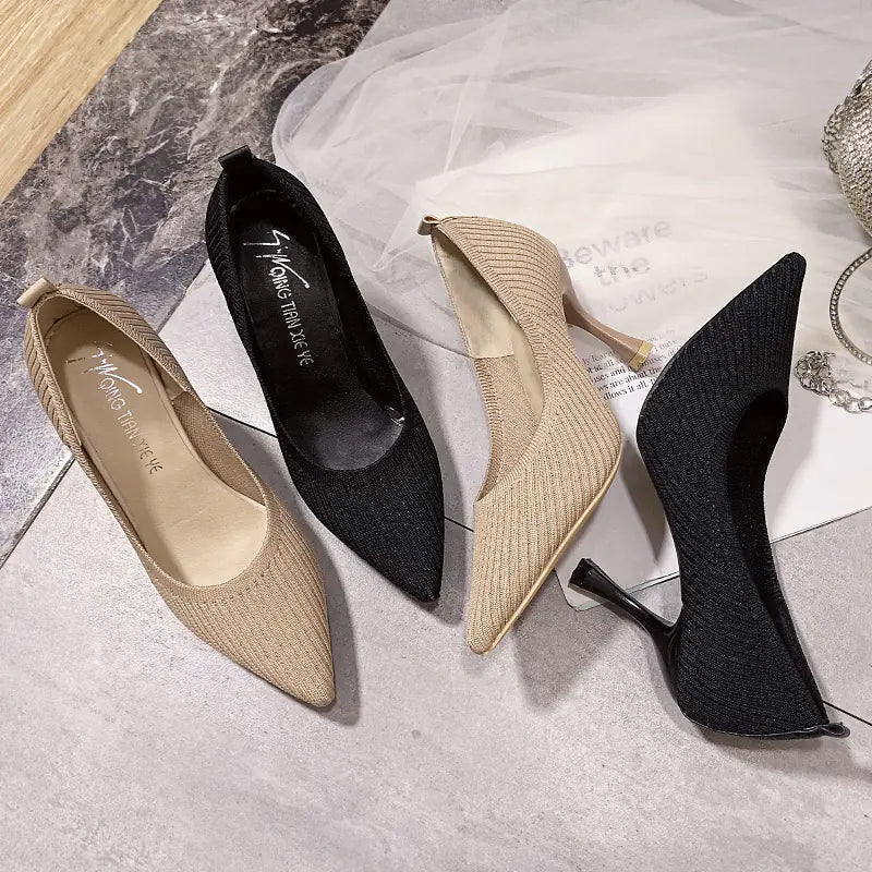 Women's Pointed Toe Knitted Heels in Beige and Black - Image 5