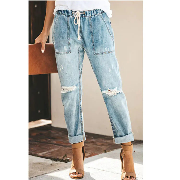 Women's Straight Leg Ripped Jeans with Drawstring Waist - Image 18