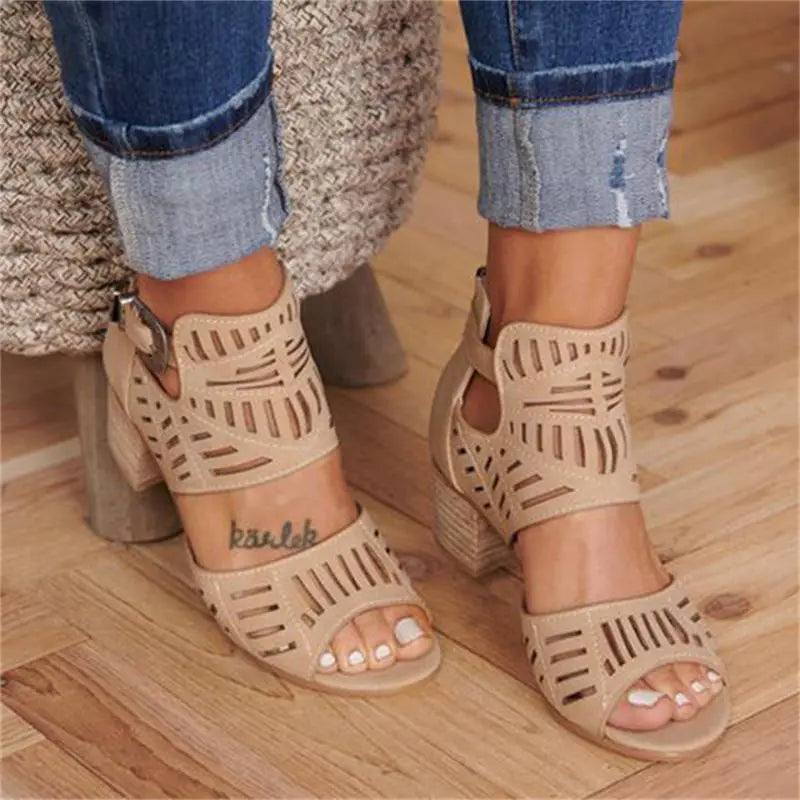 Women's Chunky Heel Sandals with Rhinestone Cutout