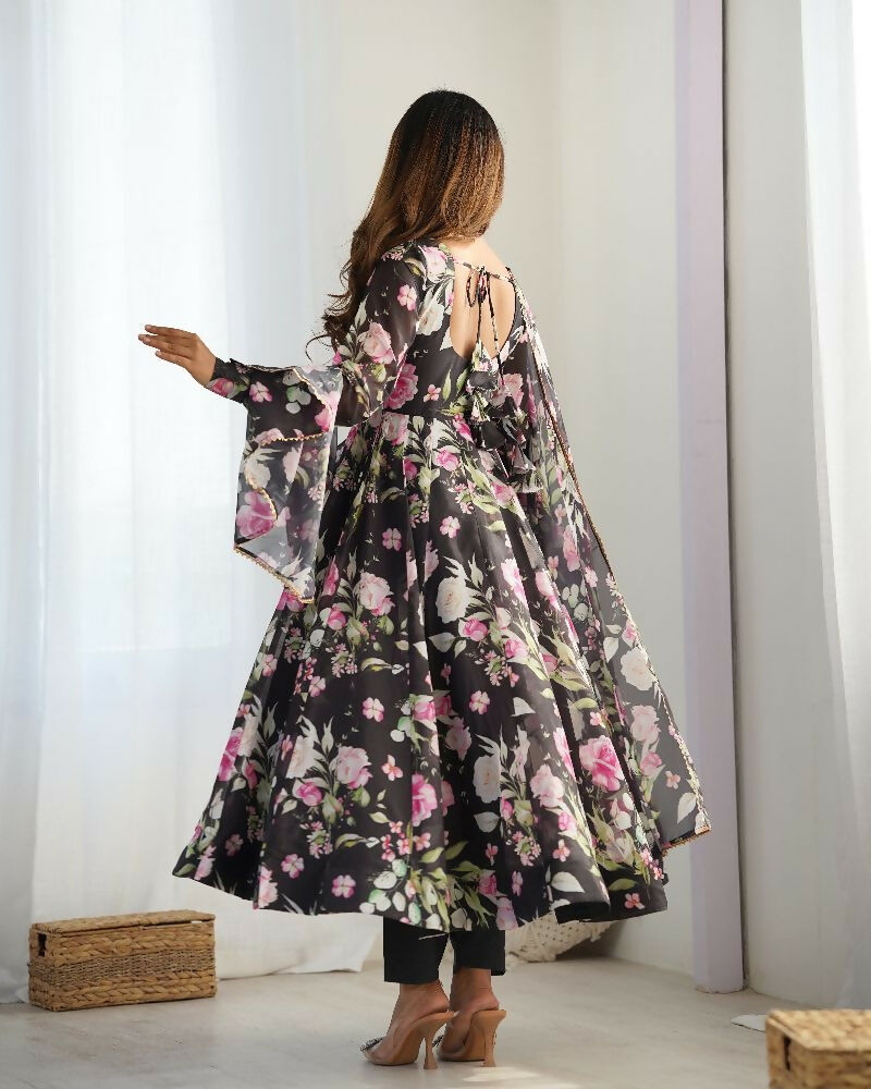 Black Organza Kurta Set with Sequin Embroidery and Cotton Bottom