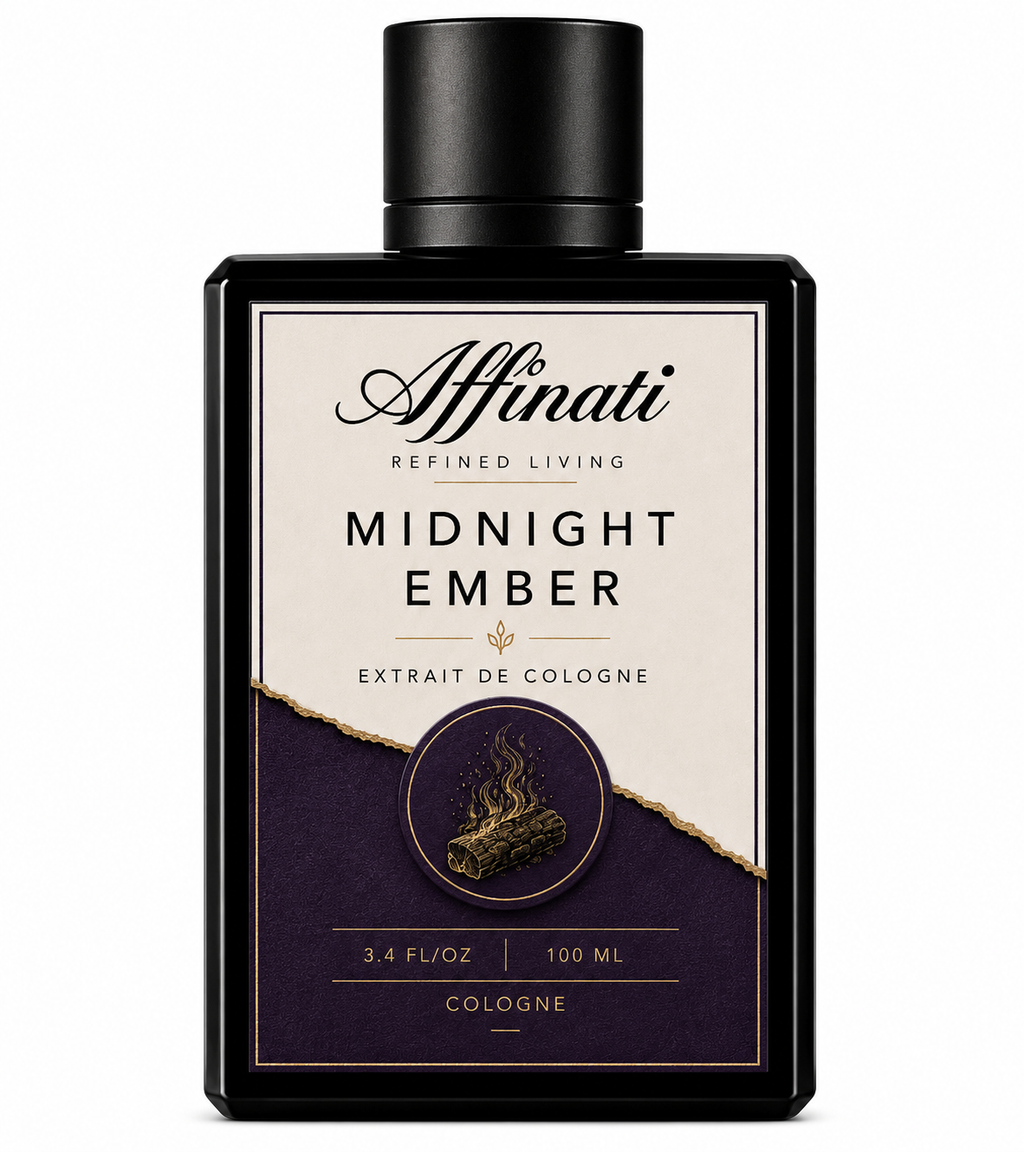 A sleek, minimalist bottle of Midnight Ember Extrait de Cologne in black and cream packaging.