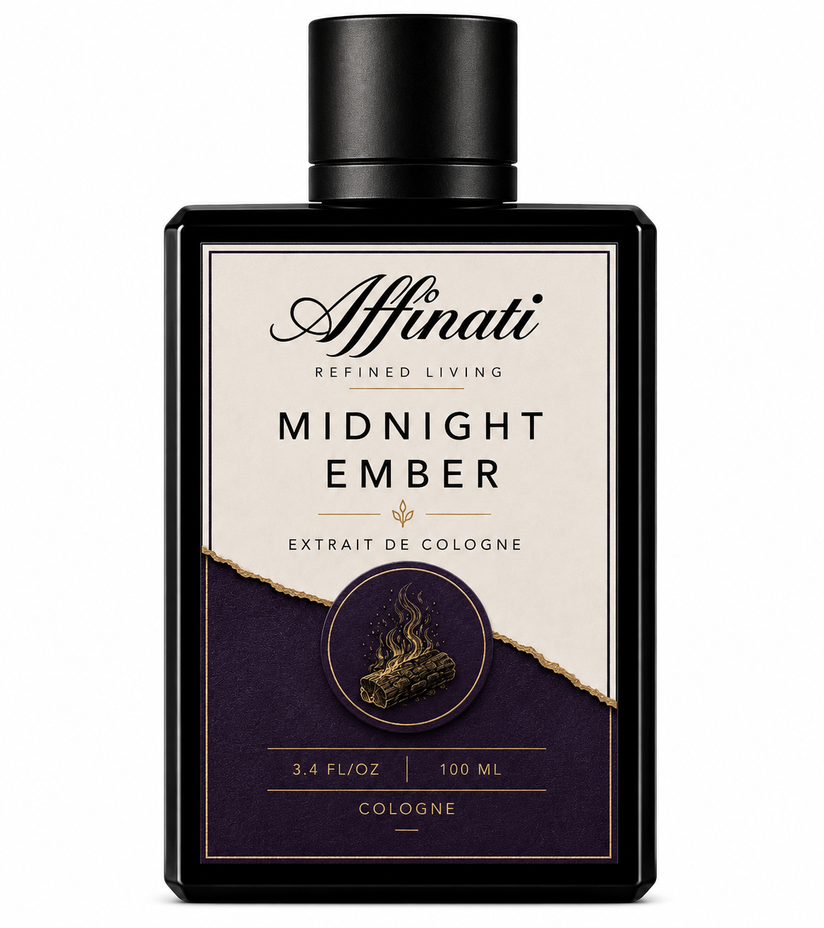 A sleek, minimalist bottle of Midnight Ember Extrait de Cologne in black and cream packaging.