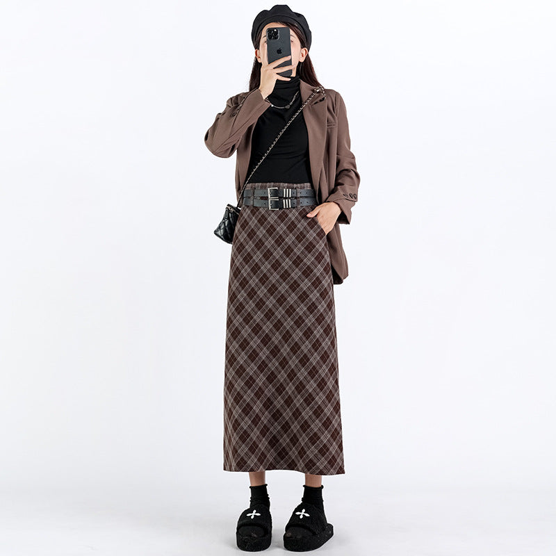Women's High Waist Plaid A-Line Midi Skirt with Slit - Image 6
