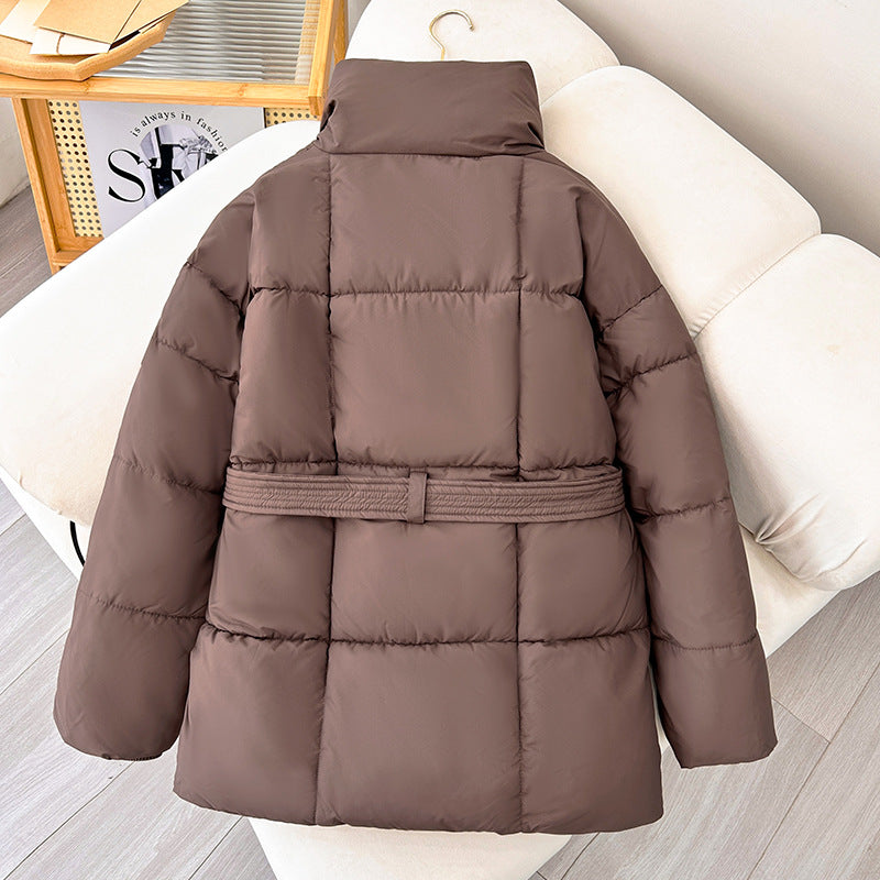 Women's Chic Brown Puffer Parka with High Stand Collar & Belt - Image 2