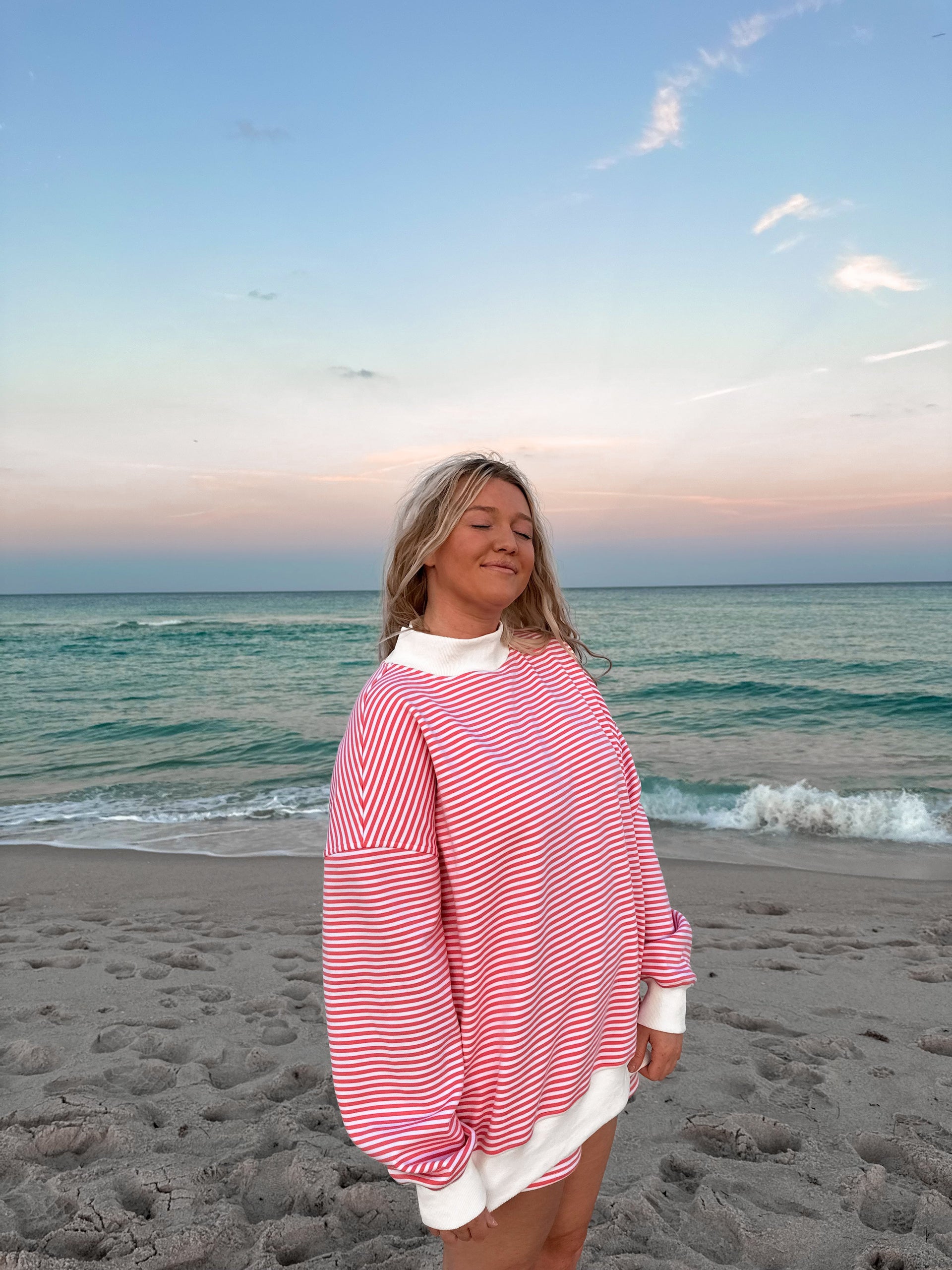 Dark Pink and White Big Striped Mockneck Sweatshirt Unisex