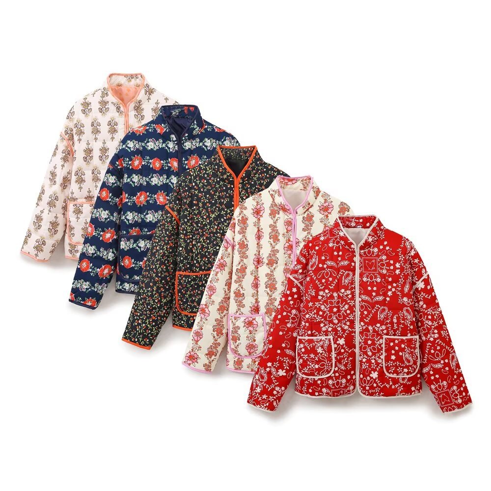 Five Harajuku Style Women's Floral Quilted Cotton Jackets in various vibrant patterns, including pink, navy, black, and red, arranged diagonally.