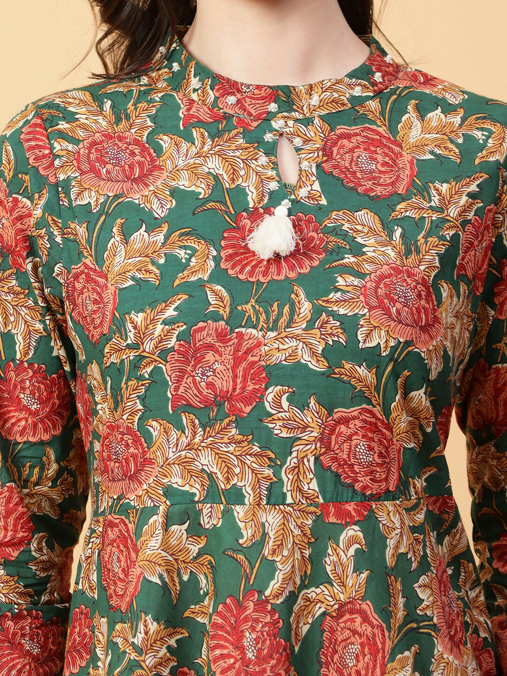 Joban Fashion Green Cotton Printed & Hand Work Dress