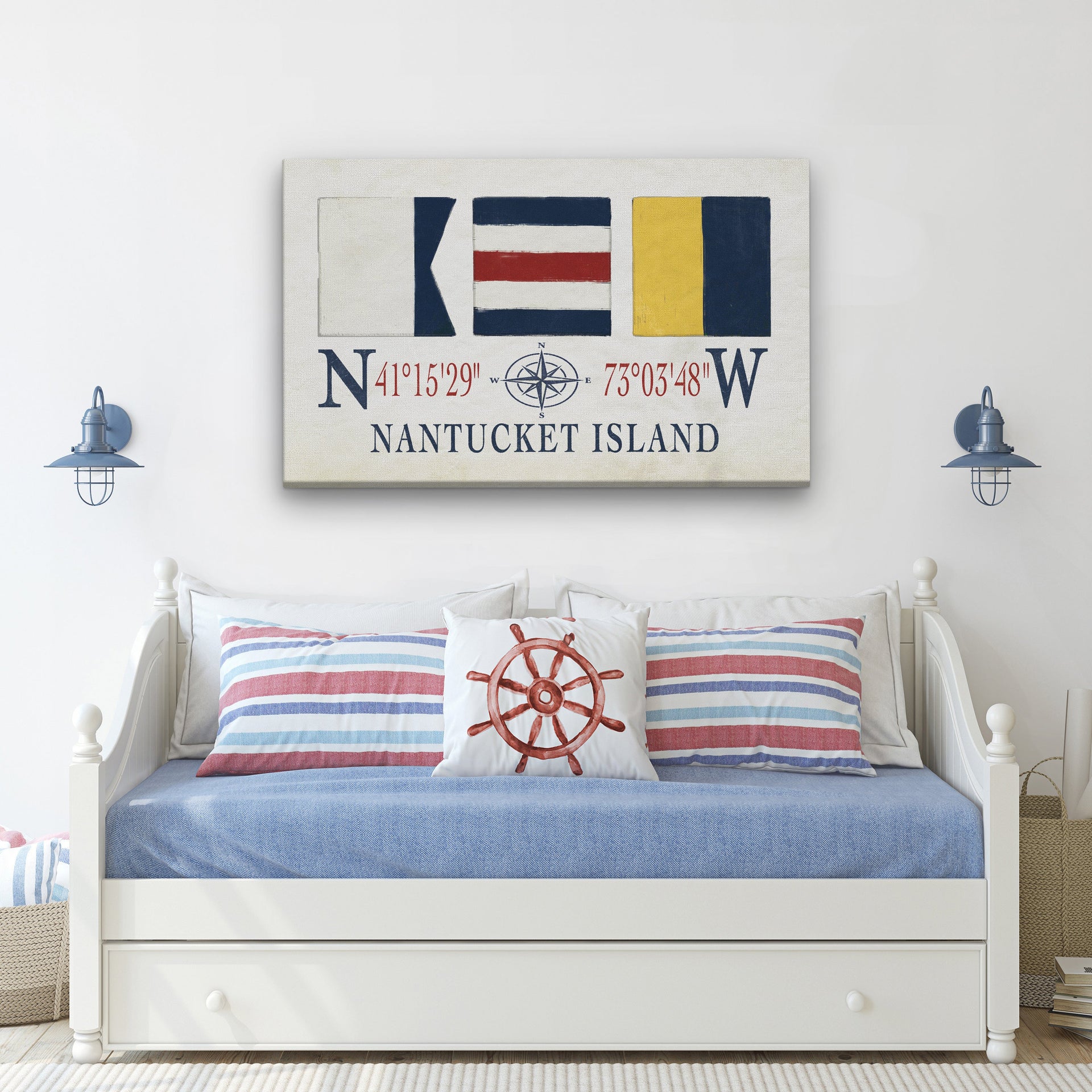 Nantucket maritime flag canvas wall art with GPS coordinates in navy, red, yellow, and white.