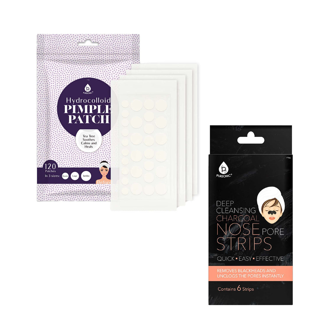 Pursonic Deep Cleansing Charcoal Nose Pore Strip 6-Pack & Hydrocolloid Pimple Patch, 120-Count