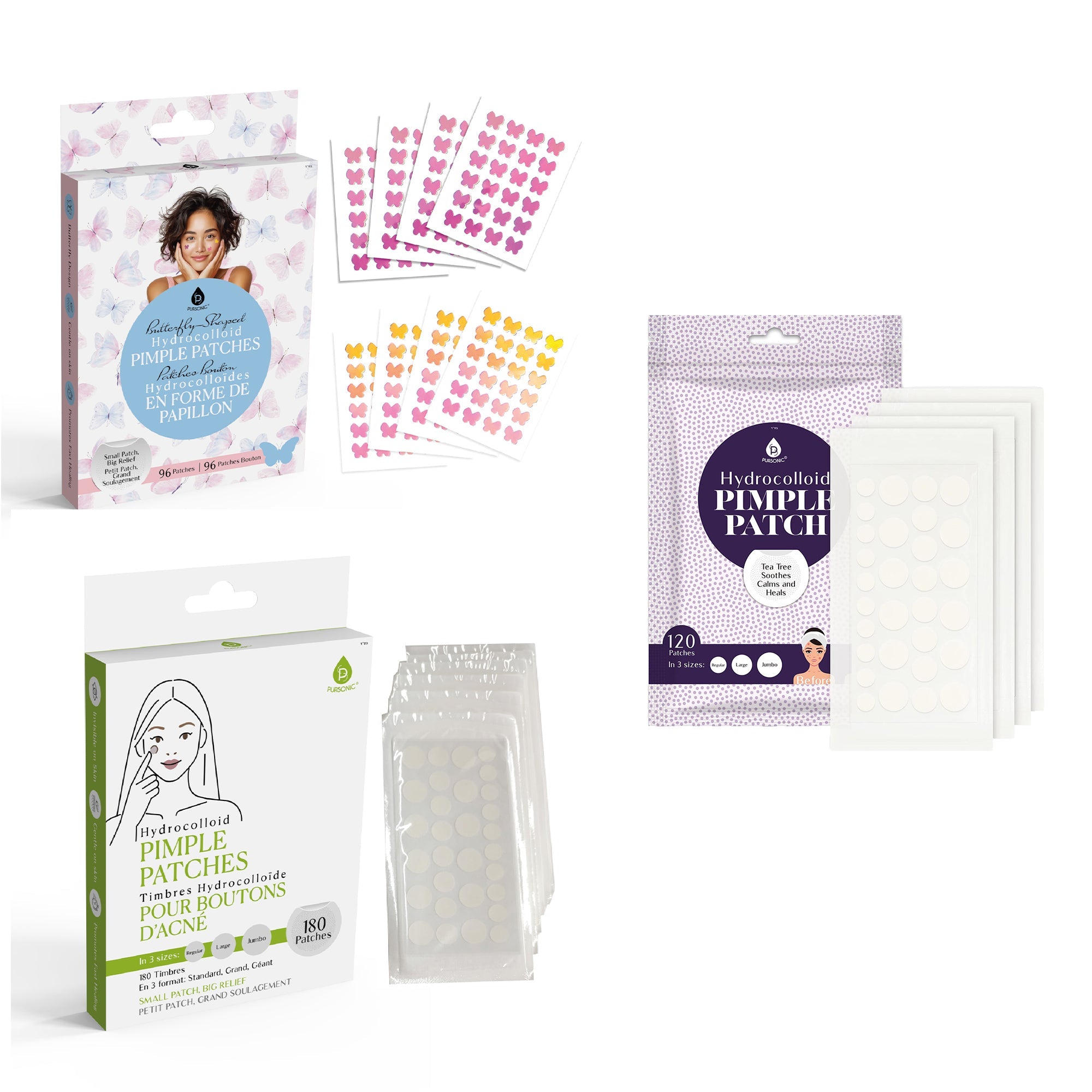 Pursonic Clear Skin Bundle: 3 Packs of Hydrocolloid Pimple Patches (Classic, Butterfly, & Multi-Size)