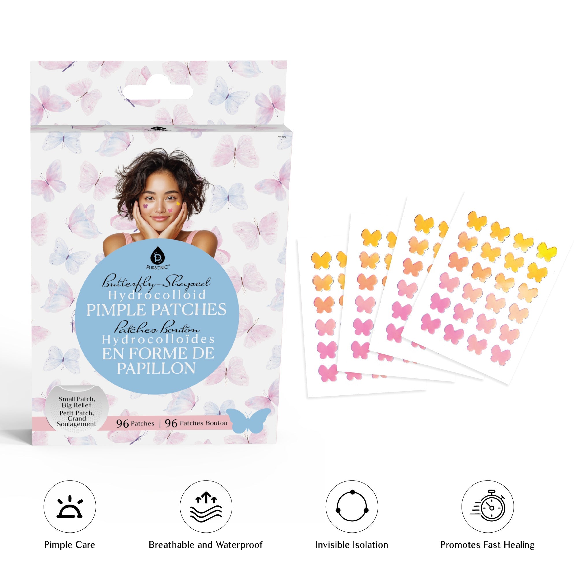 Pursonic Clear Skin Bundle: 3 Packs of Hydrocolloid Pimple Patches (Classic, Butterfly, & Multi-Size)
