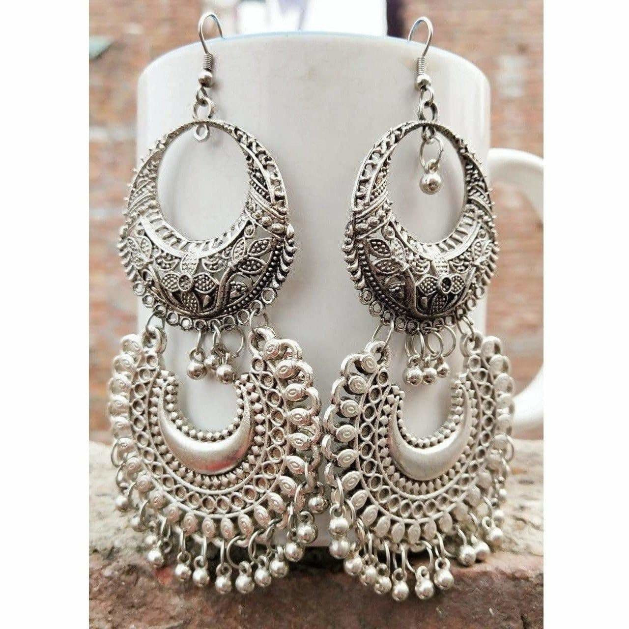 Double design oxidized silver chandbali earrings with dangling silver drops