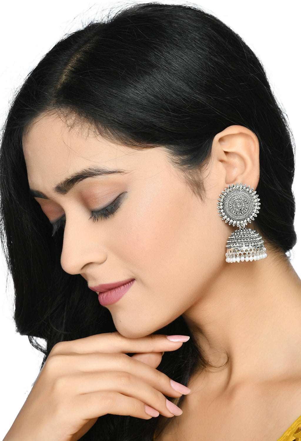 Silver Jhumka Earrings with White Pearl Accents for Women
