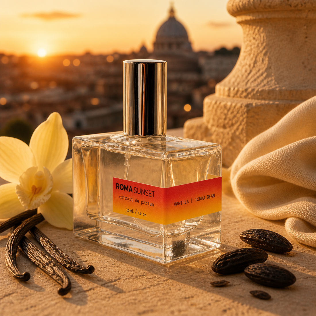 Roma Sunset Extrait de Parfum – Pear, Dark Vanilla & Tonka Bean