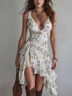Floral Print V-Neck Ruffled Chiffon Dress with Lace-Up Detail