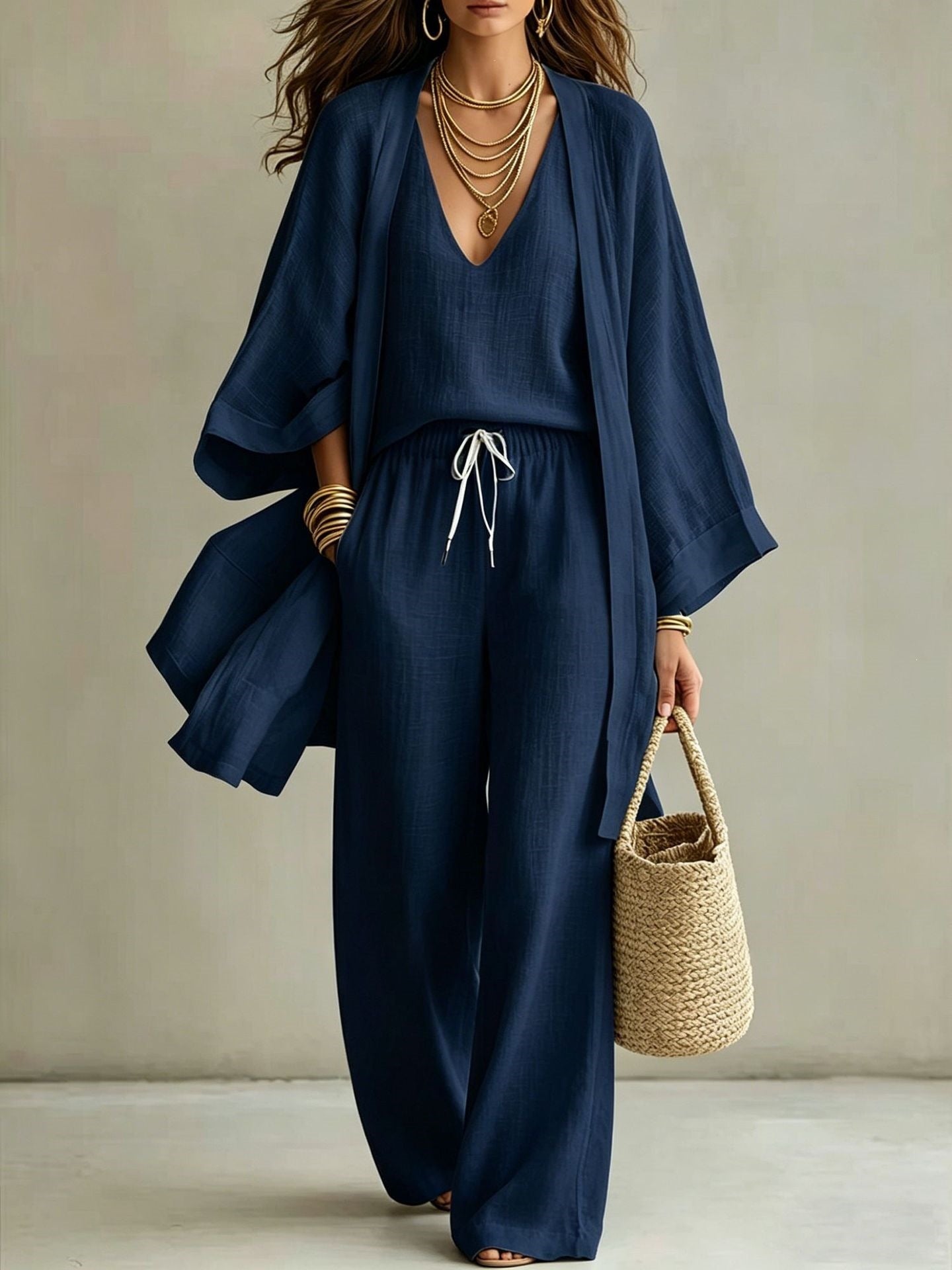 Women's 3-Piece Linen Loungewear Set: Cardigan, Vest & Wide-Leg Pants