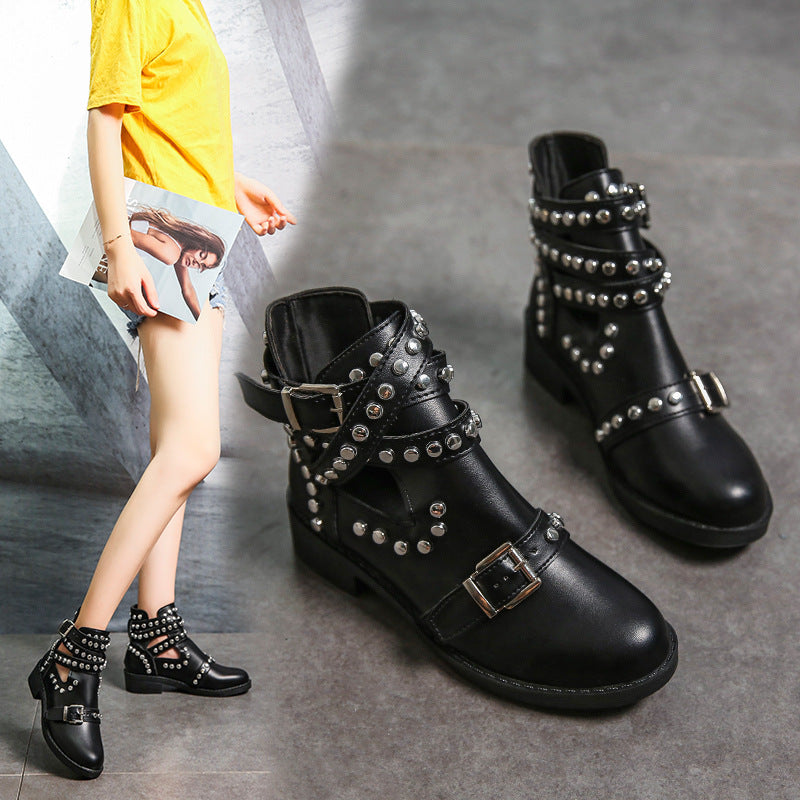 Women's Black Studded Rivet Buckle Ankle Boots for Edgy Style