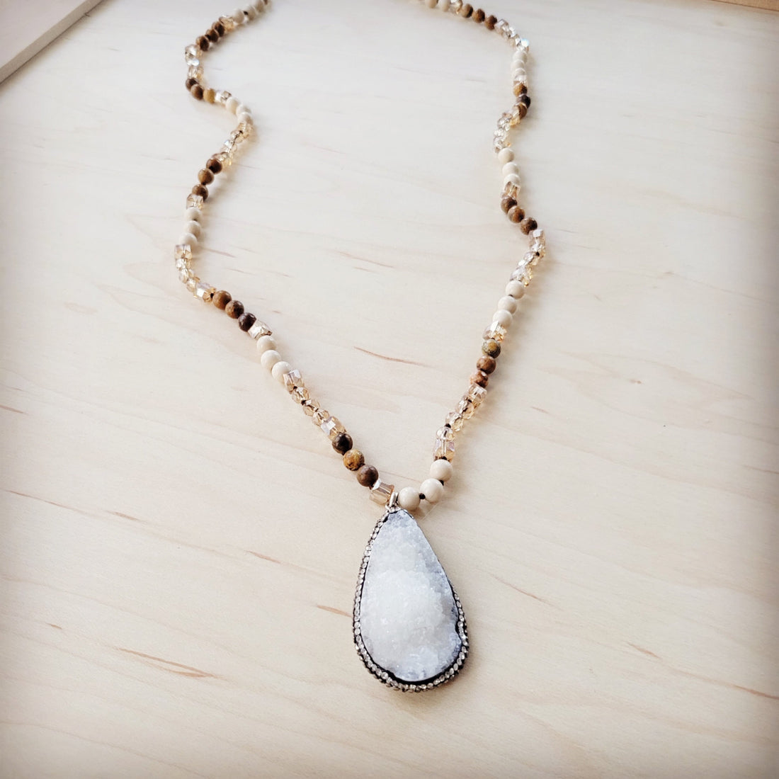 Picture Jasper Beaded Necklace with White Druzy Pendant