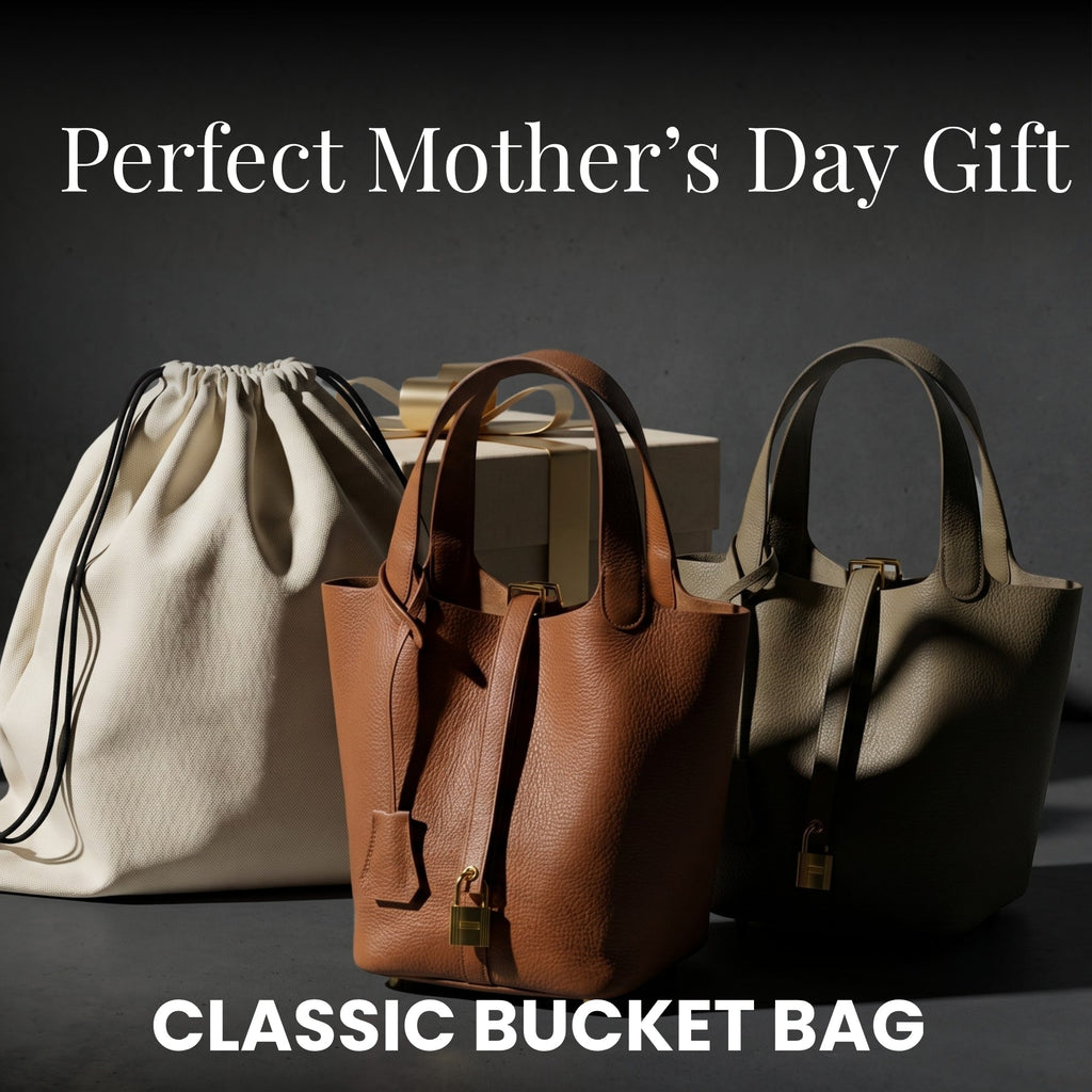 Leather Bucket Bag with Drawstring Pouch and Secure Lock Buckle