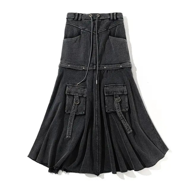 Y2K Black Distressed Denim Midi Skirt with Cargo Pockets - Image 7