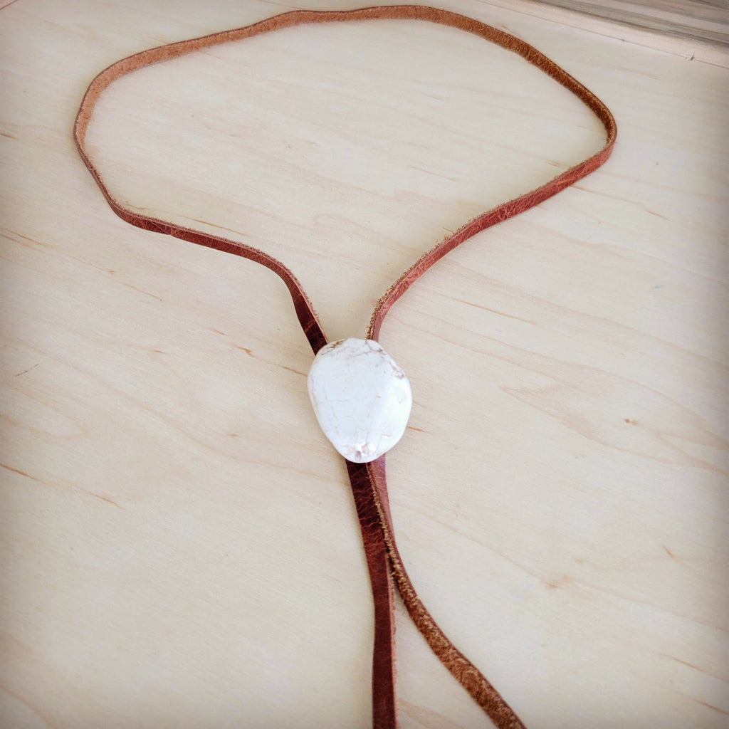 Leather Lariat Boho Necklace w/ White Turquoise Slab 264h