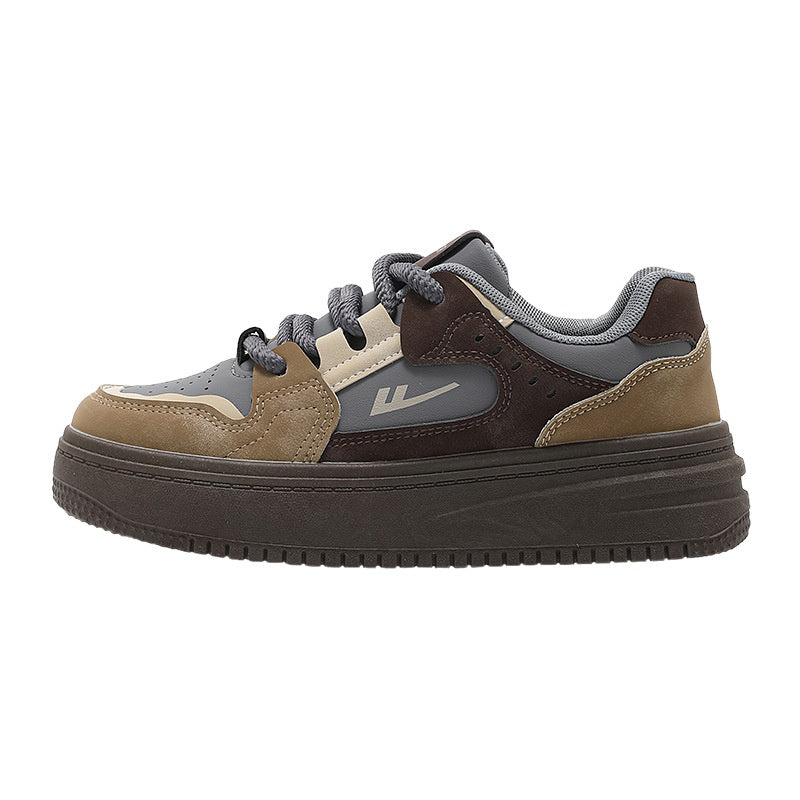 Pair of Women's Color Block Platform Sneakers, featuring a chunky sole and multi-toned upper in shades of brown, gray, and tan. Also available in white and pink.