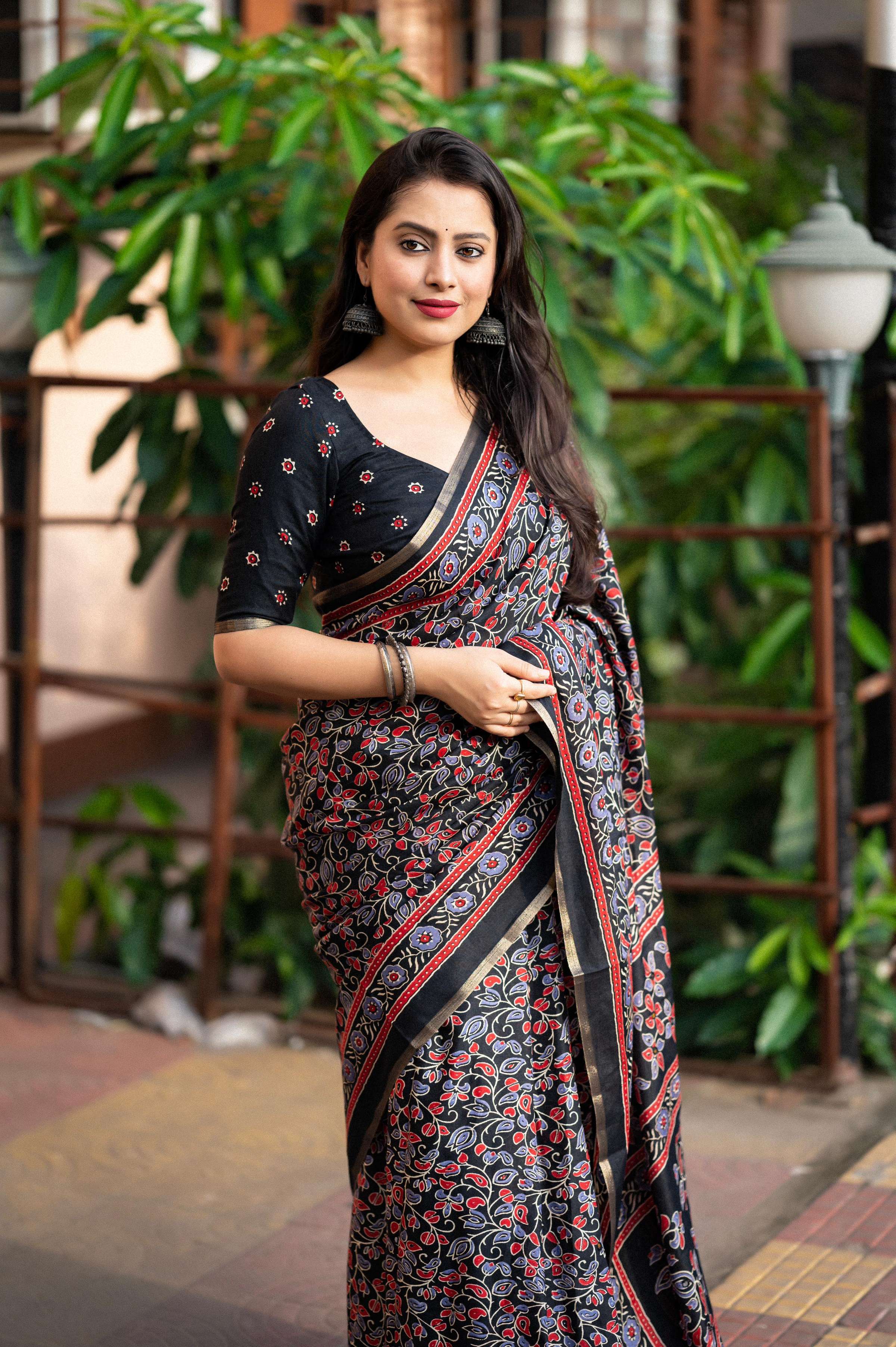 Black Cotton Blend Ajrak Saree with Zari Border