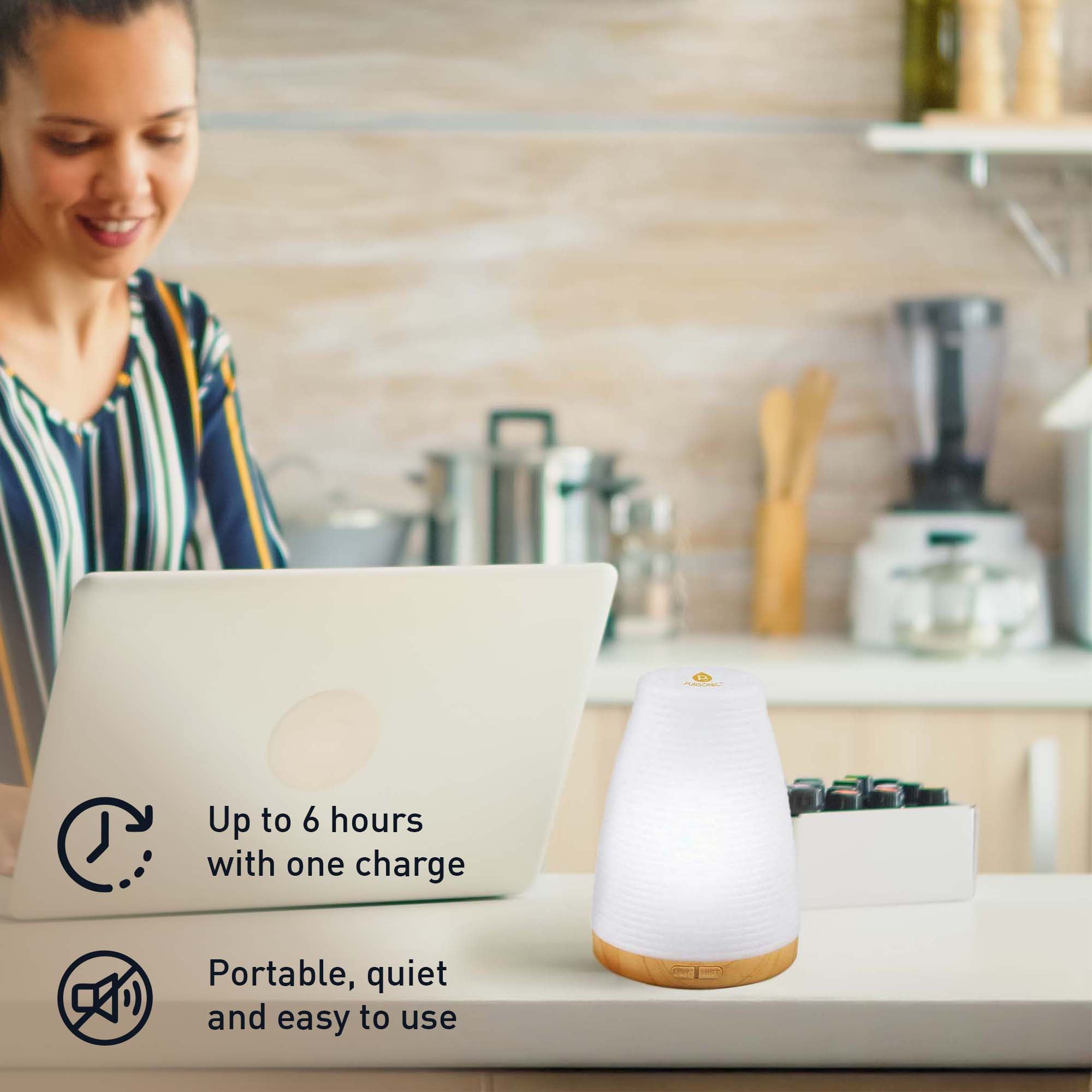 Pursonic Aromatherapy 2 in 1 USB Diffuser & Essential Oil Set-Ultrasonic Top 3 Oils-300ml with 2 Mist Settings 7 Ambient Light Settings
