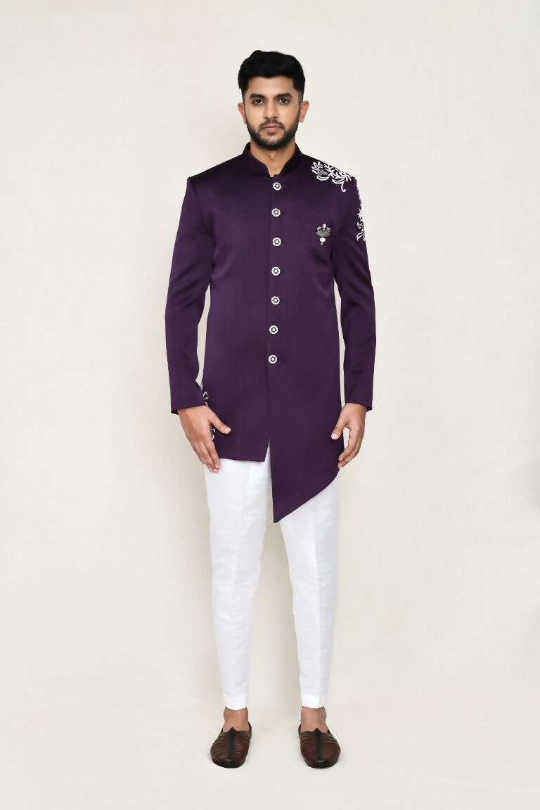 Purple Polyester Indo Western Set with Straight Fit Pant