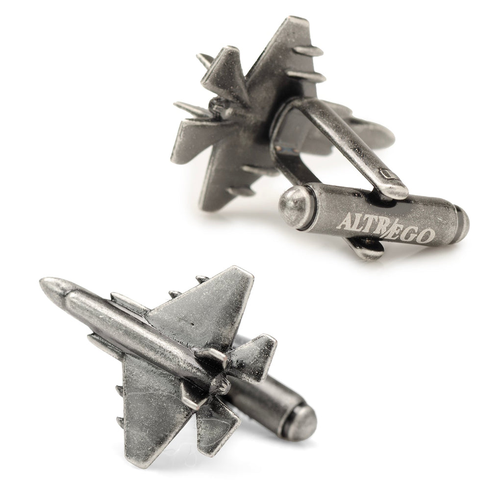3D Military Jet Fighter Plane Cufflinks in Antiqued Silver - Image 3