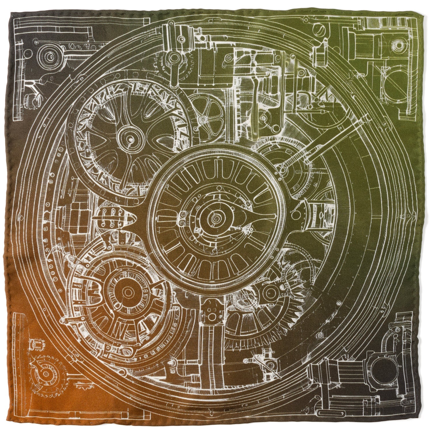Antique clock design pocket square with a gradient color transition from brown to olive green