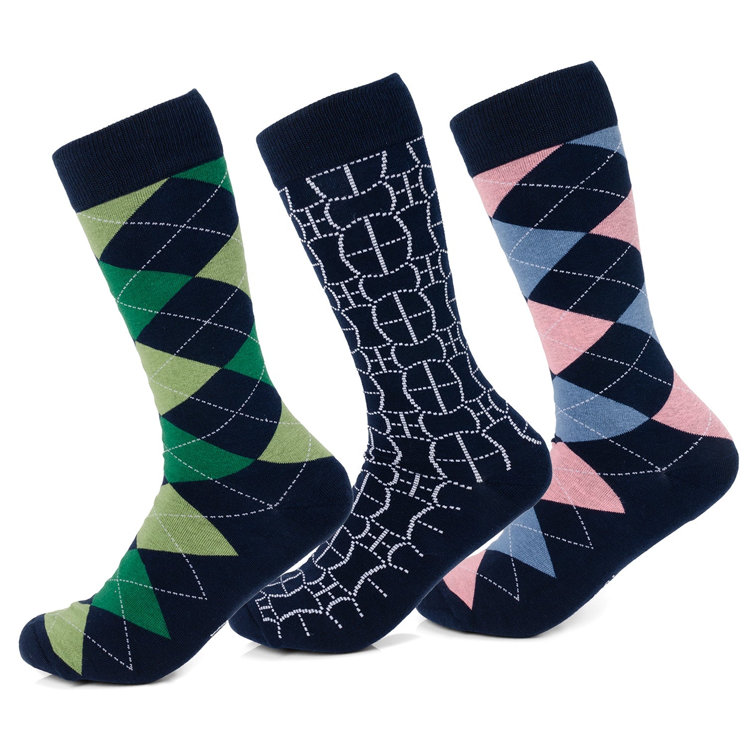 A set of mens crew socks featuring argyle patterns in navy, green, and pink, with a secret hidden message on the soles.