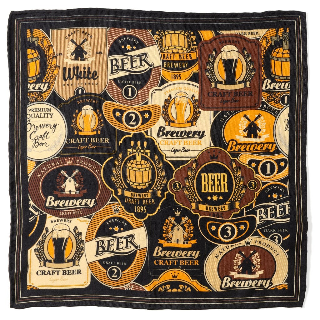 Beer Aficionado pocket square with vintage brewery label print on a black background