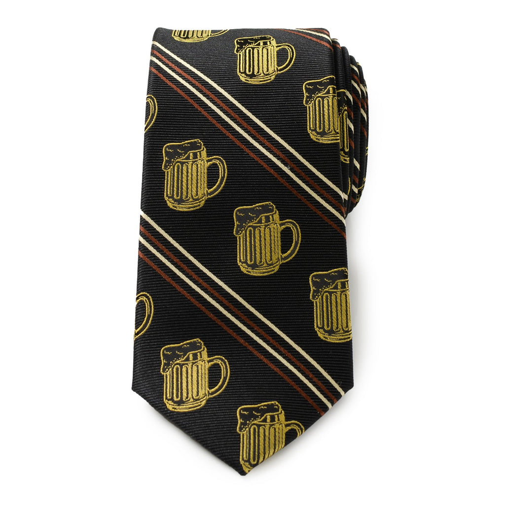 Beer Aficionado Black Striped Mens Tie with Beer Mug Print - Image 3