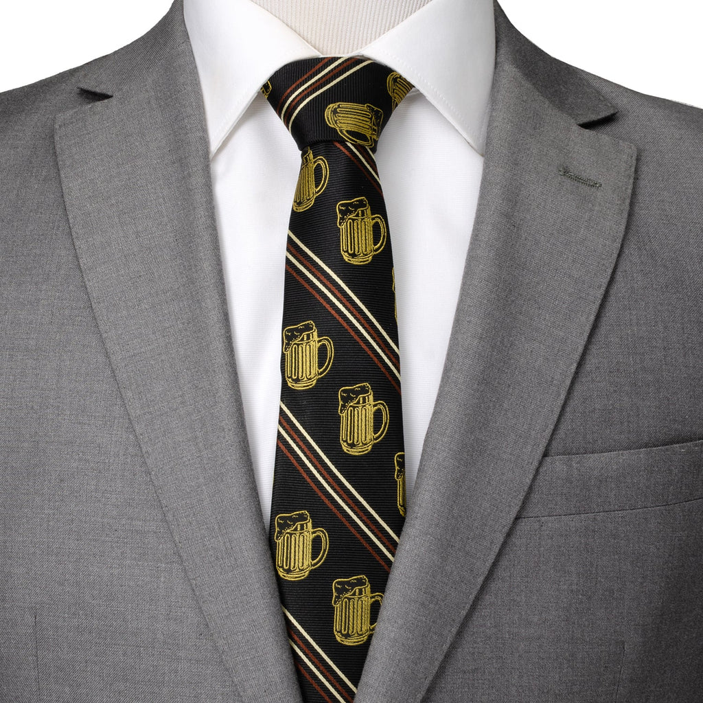 Beer Aficionado Black Striped Mens Tie with Beer Mug Print - Image 6