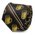Beer Aficionado black necktie featuring gold beer mug patterns and diagonal brown and tan stripes